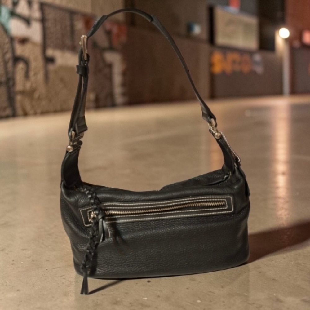 Gianni Bernini Black Leather Shoulder Bag With Attached Card Coin Case 10x5